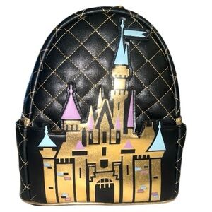 Loungefly Disney Sleeping Beauty Castle Mini Backpack Black Gold Quilted NWT